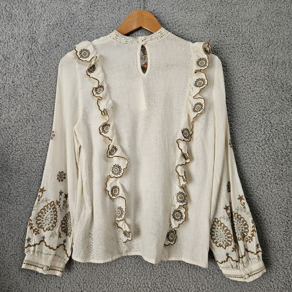 Zara Beige Boho Blouse XS Long Sleeves Ruffled Embroidered Romantic Top - Picture 7 of 16